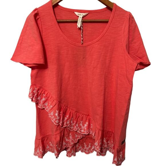 Matilda Jane Womens Coral Pink Eureka Springs Embroidered Ruffle Top Small NWT - Picture 1 of 9
